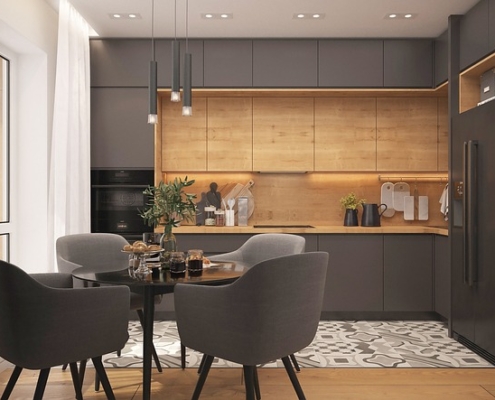 retro kitchen table and cabinets